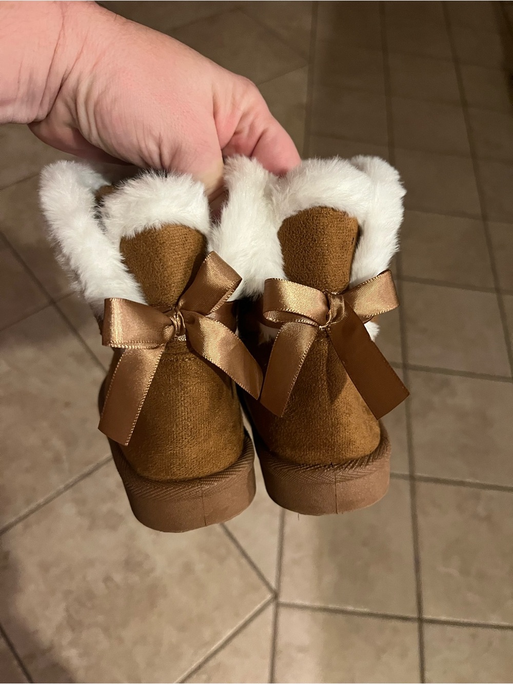 Children’s Cozy Faux-Fur Trim Brown Booties with Satin Bows